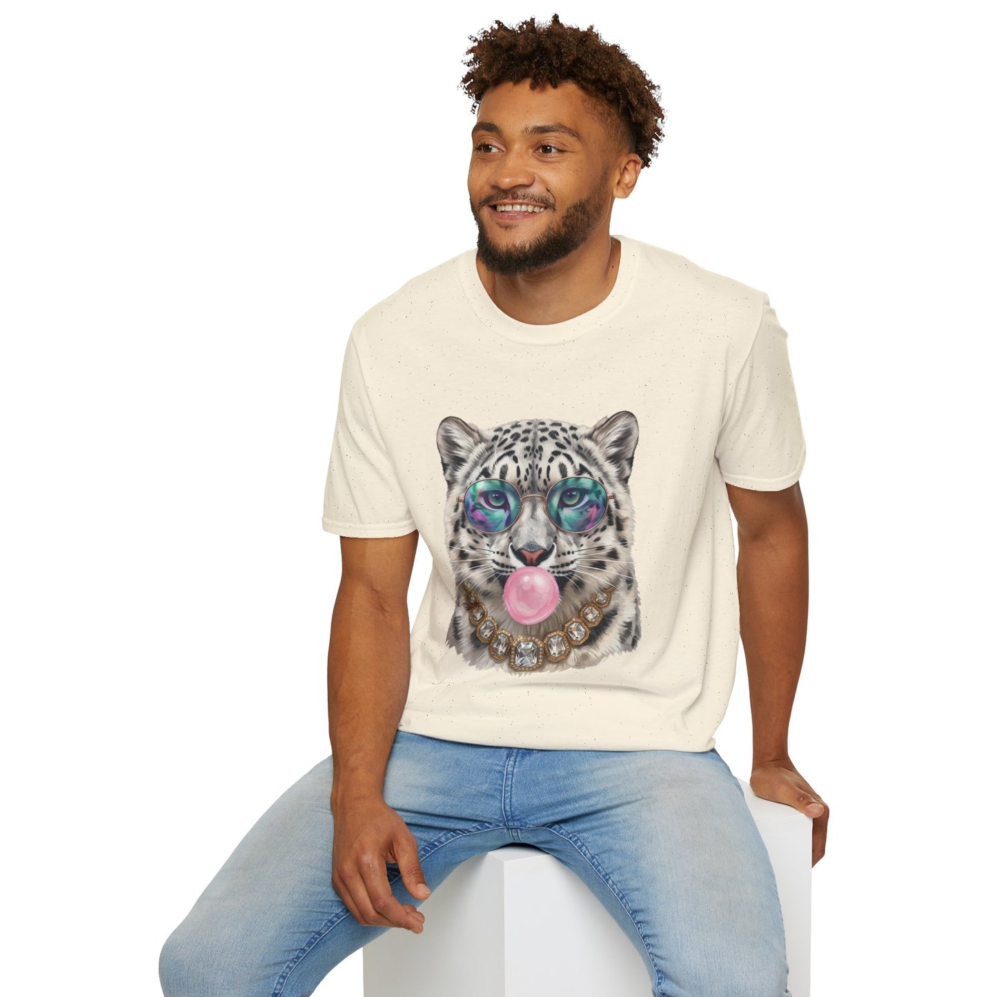 Snow Leopard Sunglasses T-Shirt — Cool Cat Bubblegum Graphic Tee
