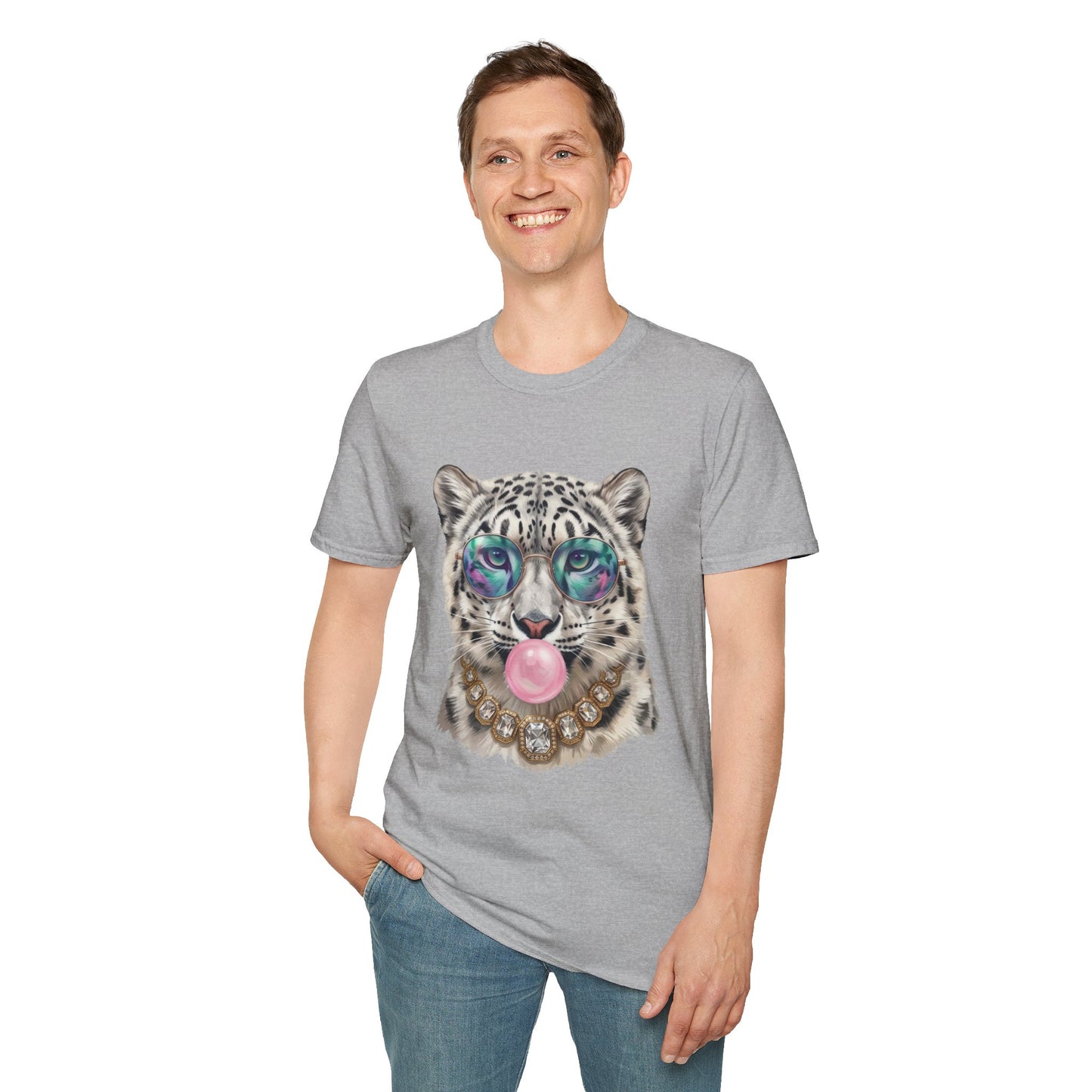 Snow Leopard Sunglasses T-Shirt — Cool Cat Bubblegum Graphic Tee