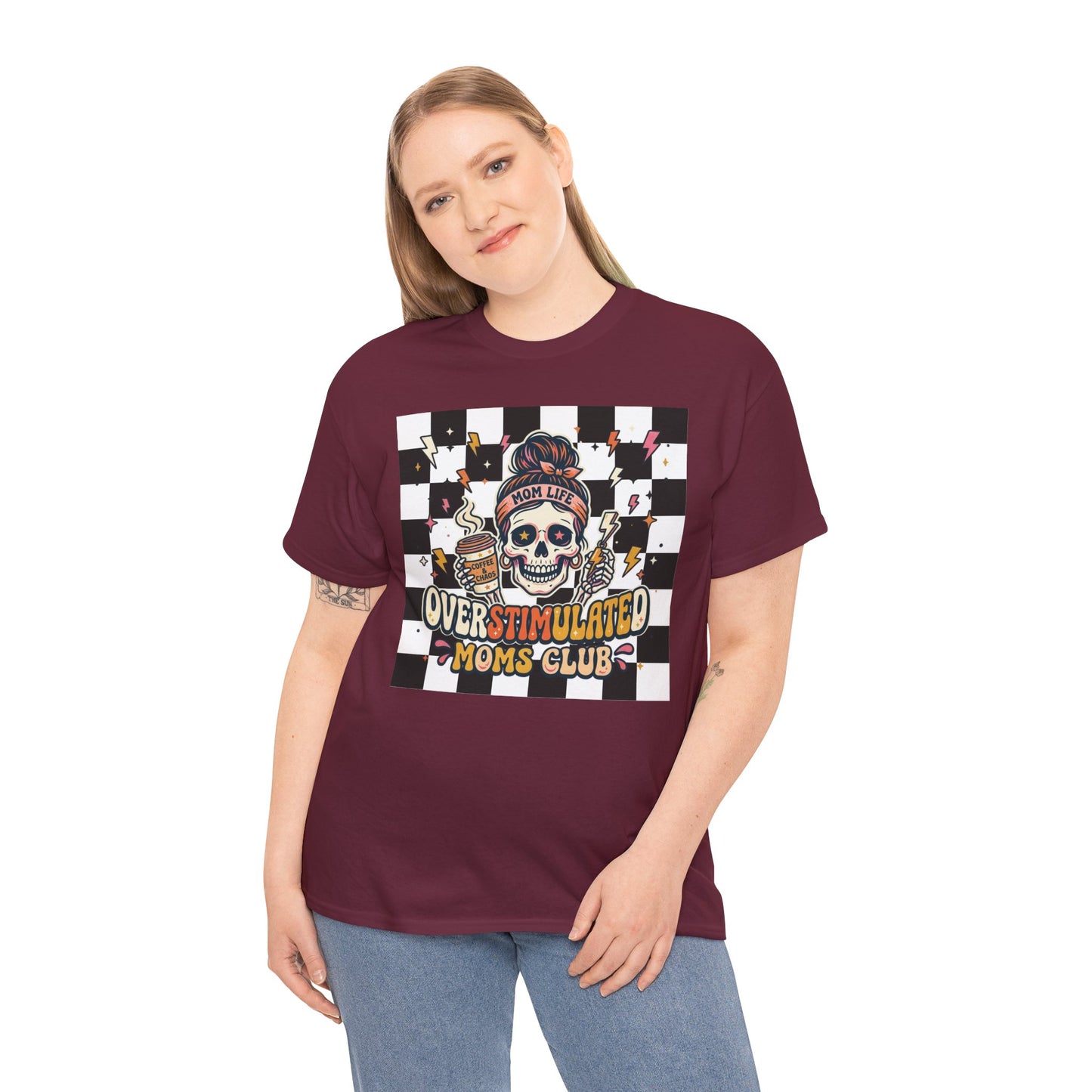 Overstimulated Moms Club T-Shirt — Checker Skull Mom Graphic Tee