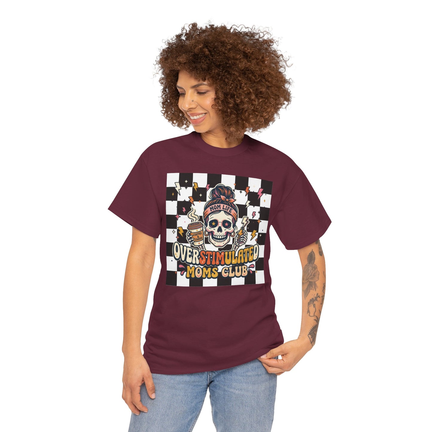 Overstimulated Moms Club T-Shirt — Checker Skull Mom Graphic Tee