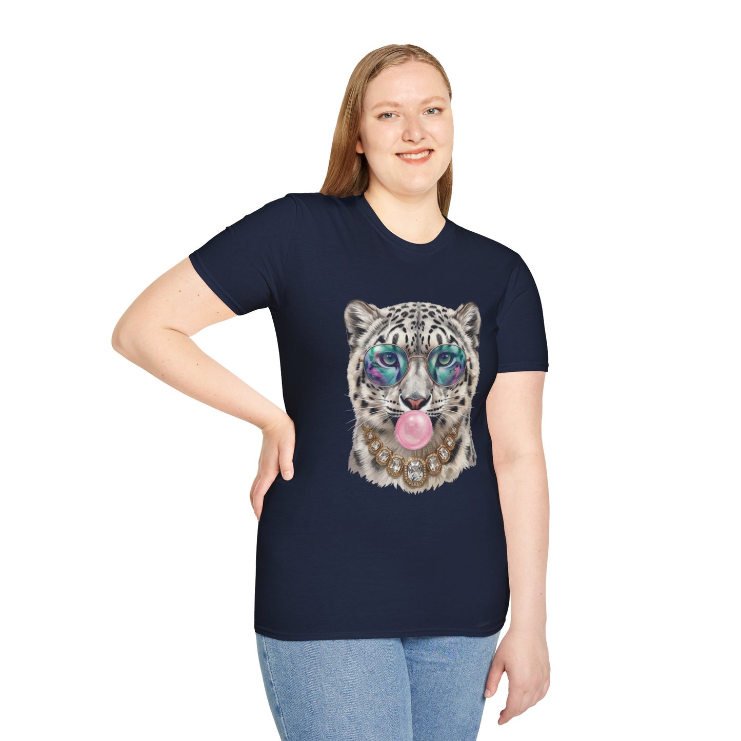 Snow Leopard Sunglasses T-Shirt — Cool Cat Bubblegum Graphic Tee