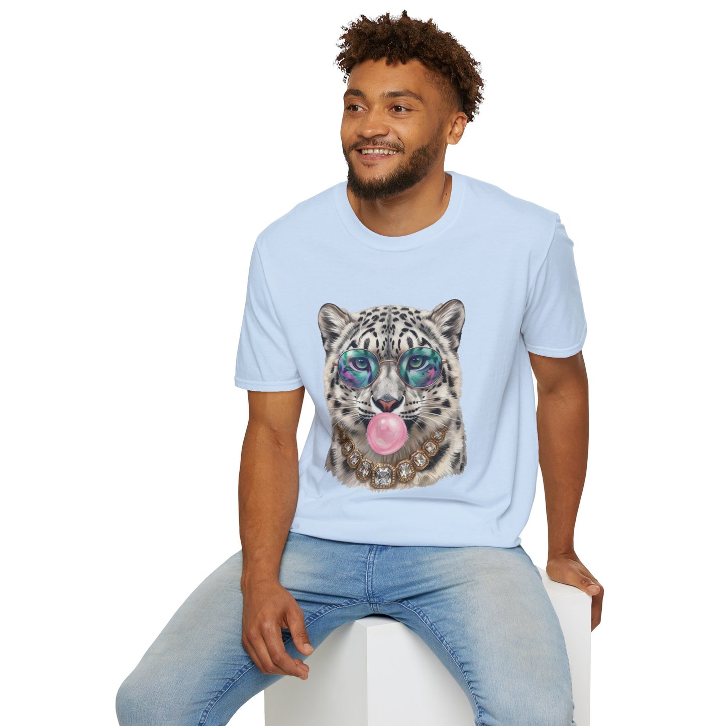 Snow Leopard Sunglasses T-Shirt — Cool Cat Bubblegum Graphic Tee