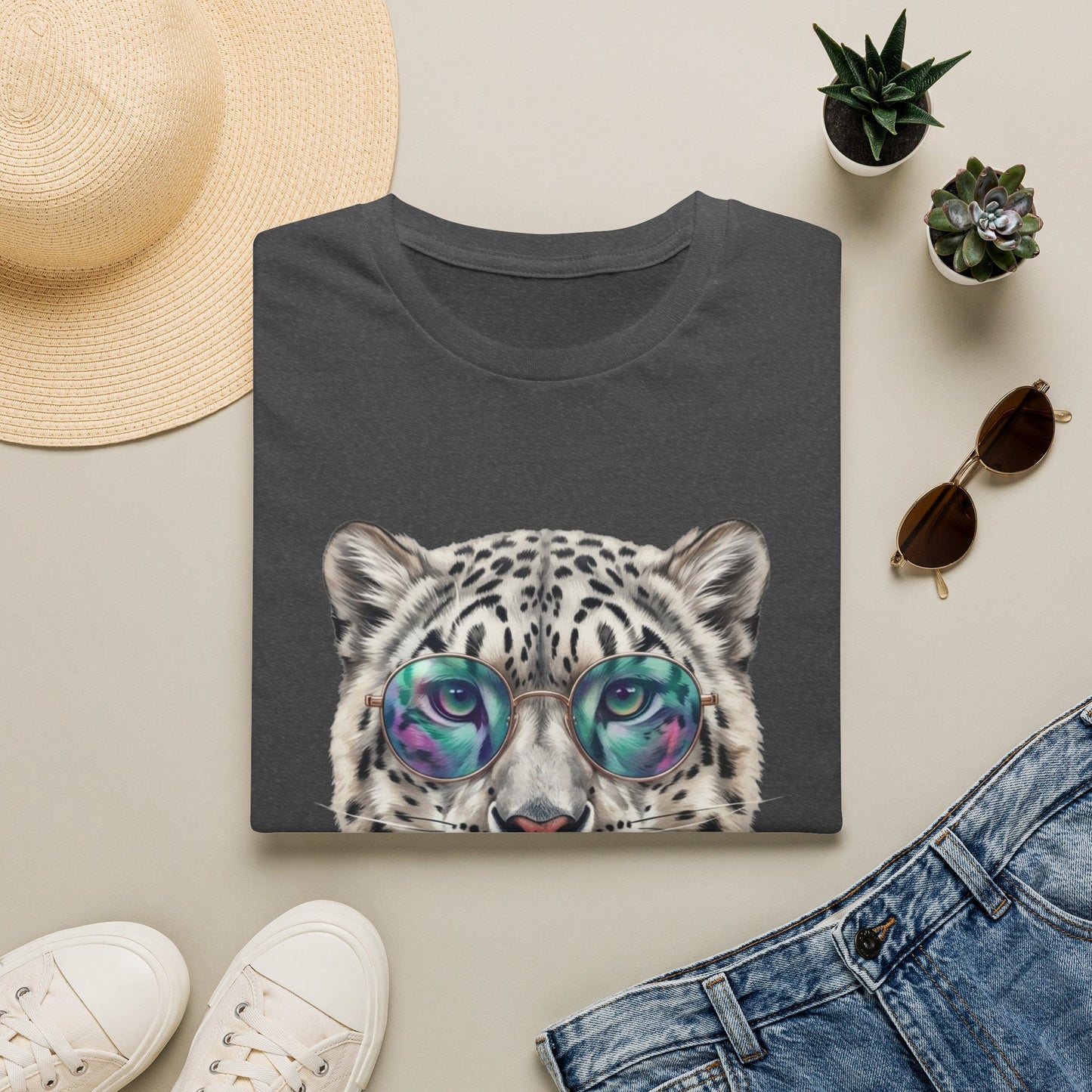 Snow Leopard Sunglasses T-Shirt — Cool Cat Bubblegum Graphic Tee