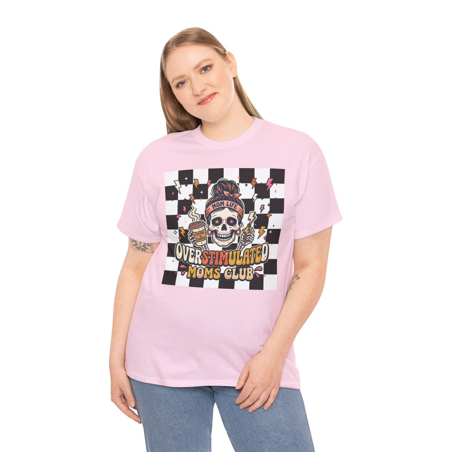 Overstimulated Moms Club T-Shirt — Checker Skull Mom Graphic Tee