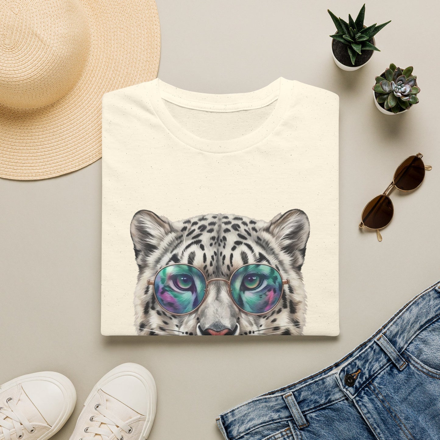 Snow Leopard Sunglasses T-Shirt — Cool Cat Bubblegum Graphic Tee