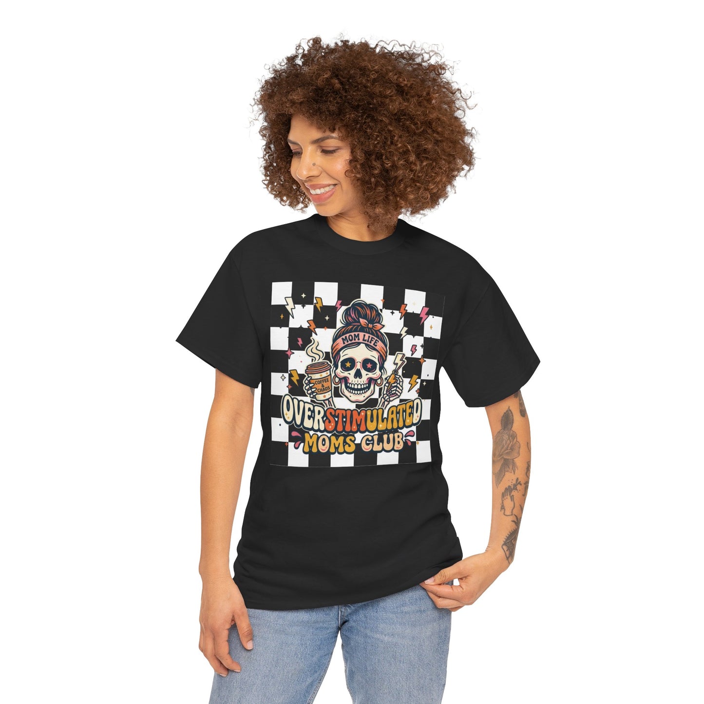 Overstimulated Moms Club T-Shirt — Checker Skull Mom Graphic Tee