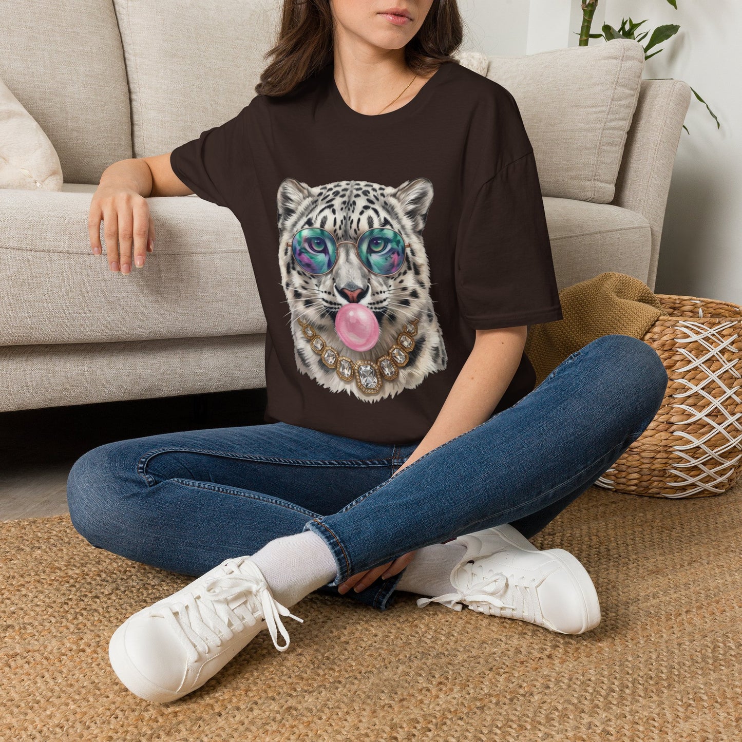 Snow Leopard Sunglasses T-Shirt — Cool Cat Bubblegum Graphic Tee
