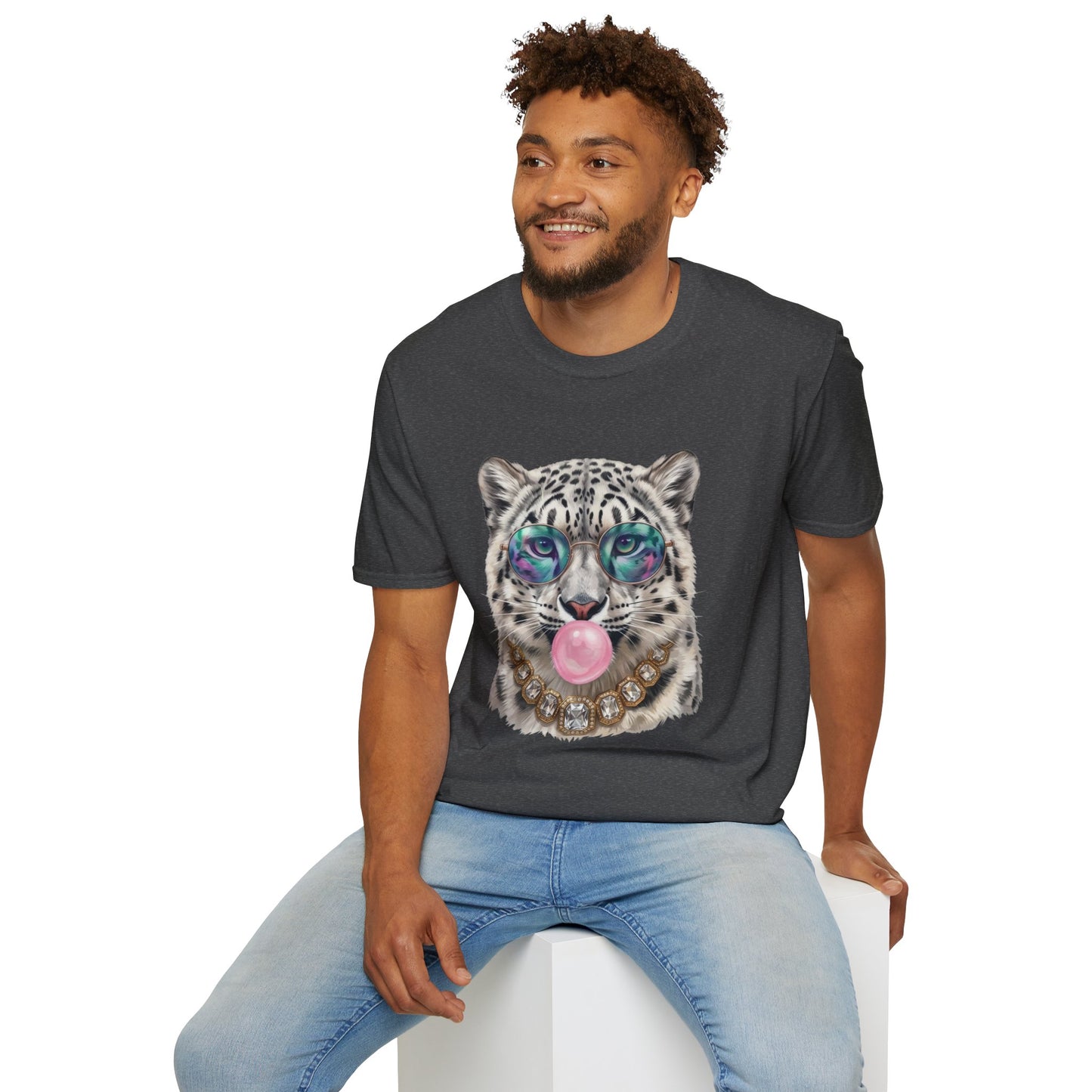 Snow Leopard Sunglasses T-Shirt — Cool Cat Bubblegum Graphic Tee