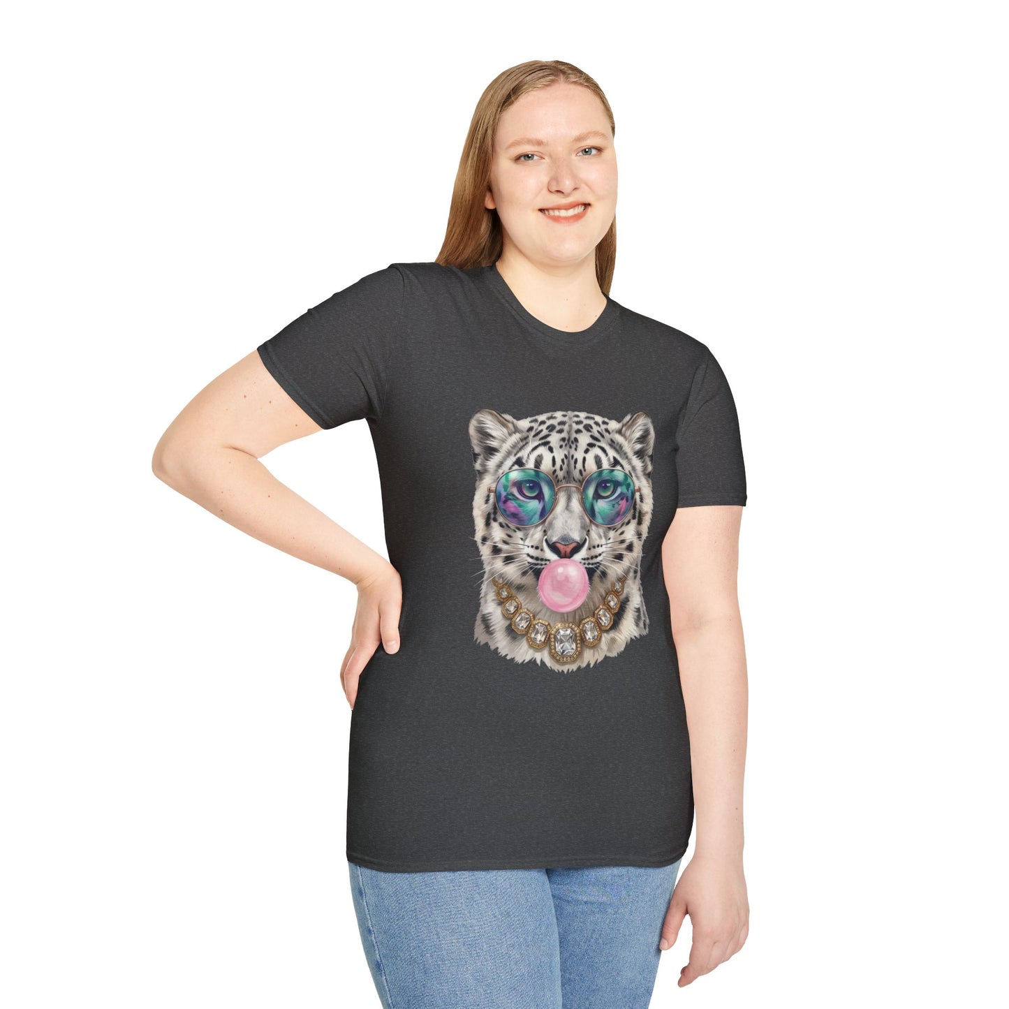 Snow Leopard Sunglasses T-Shirt — Cool Cat Bubblegum Graphic Tee