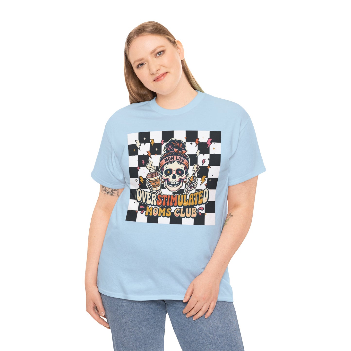 Overstimulated Moms Club T-Shirt — Checker Skull Mom Graphic Tee