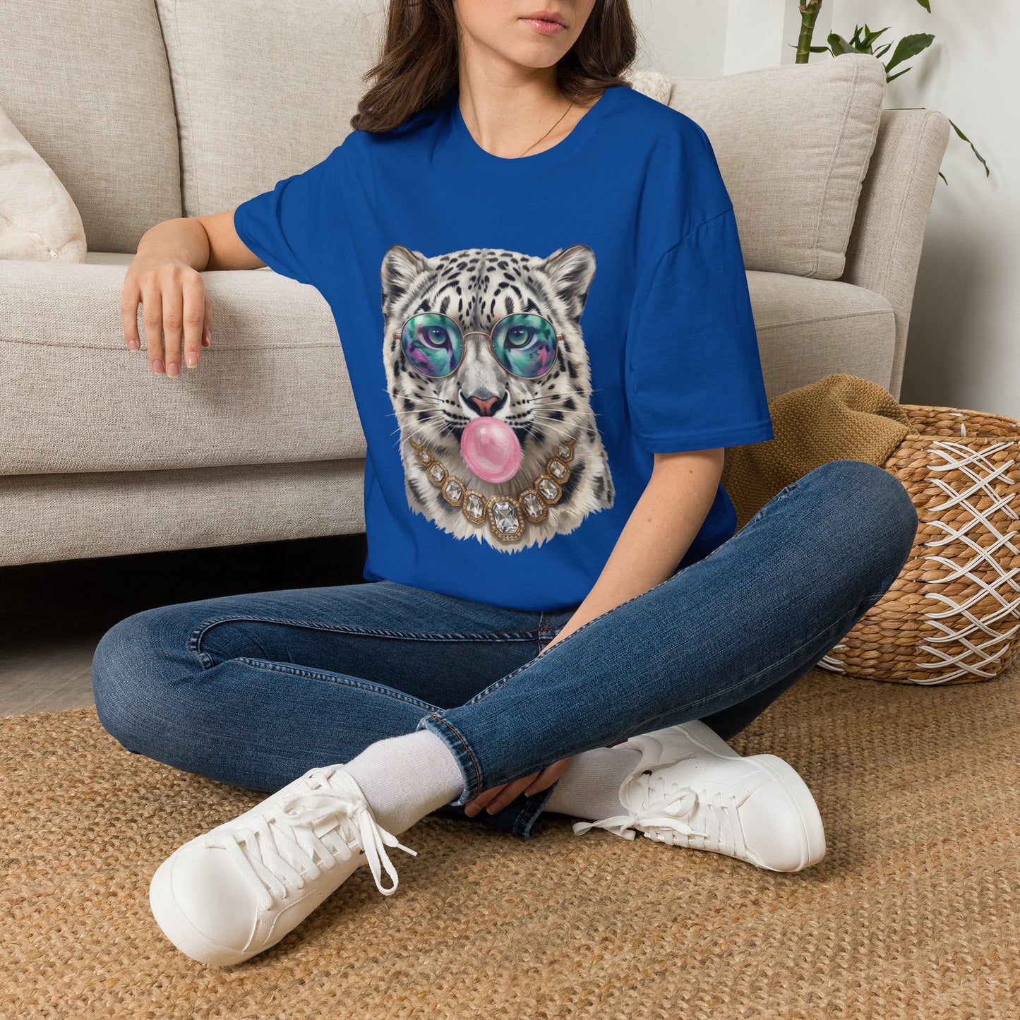 Snow Leopard Sunglasses T-Shirt — Cool Cat Bubblegum Graphic Tee