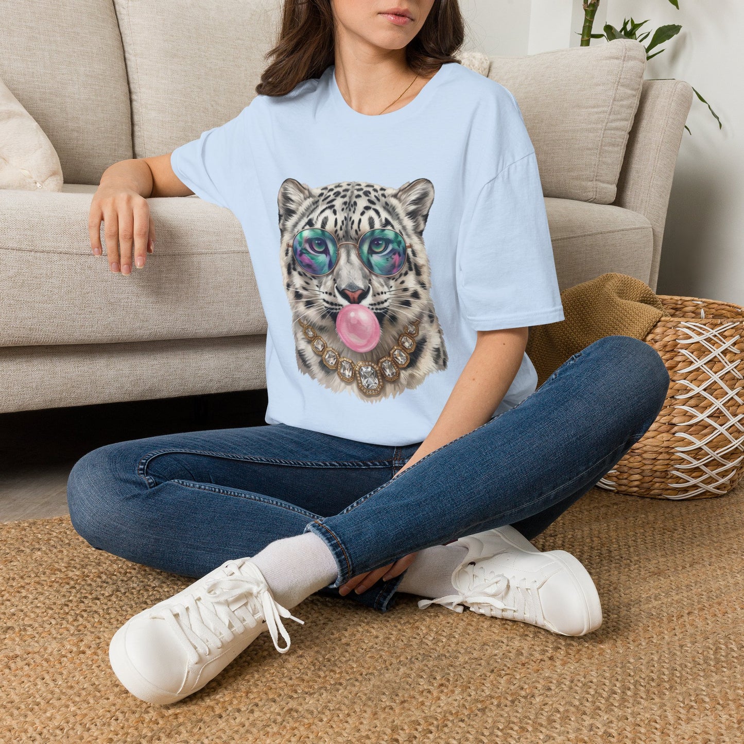 Snow Leopard Sunglasses T-Shirt — Cool Cat Bubblegum Graphic Tee