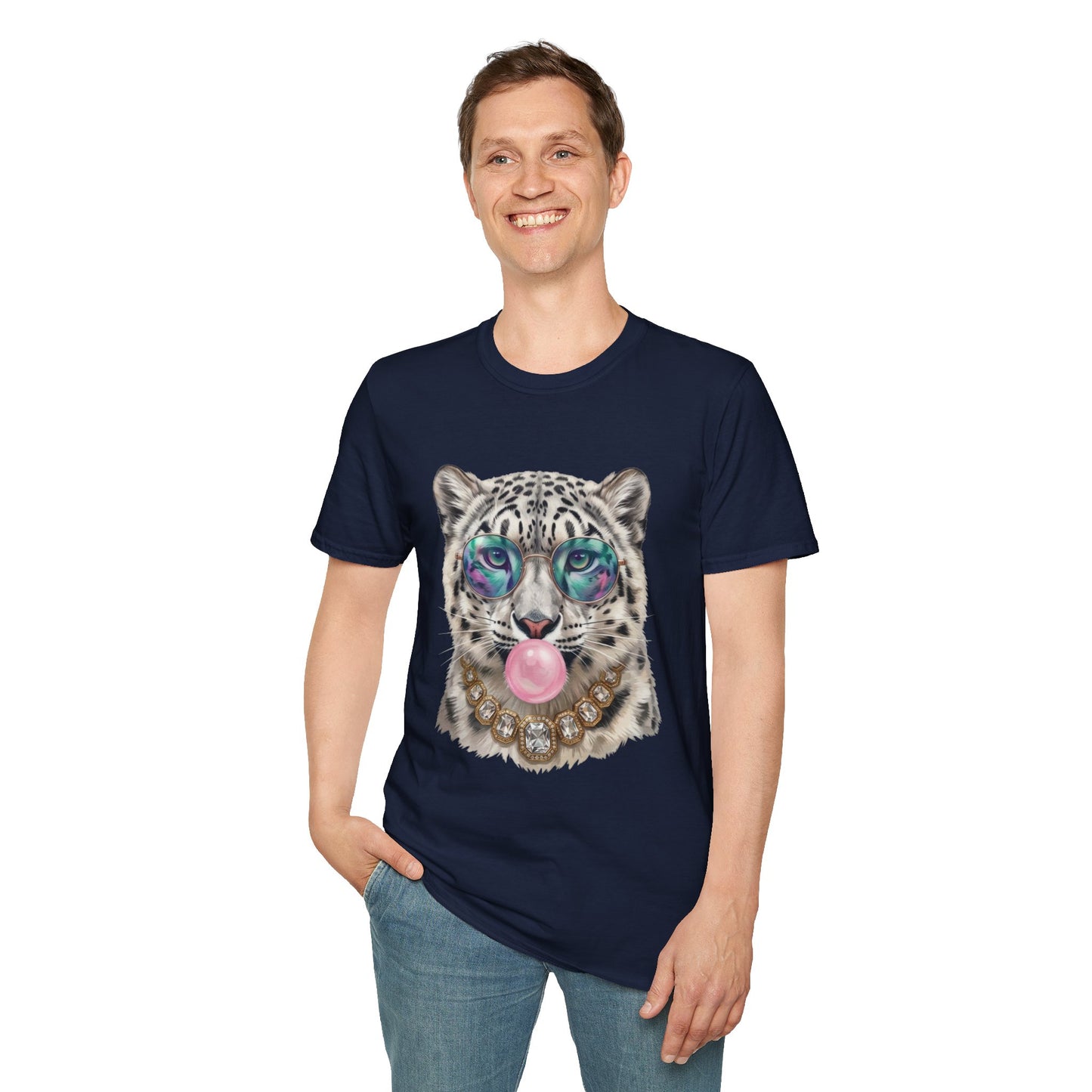 Snow Leopard Sunglasses T-Shirt — Cool Cat Bubblegum Graphic Tee