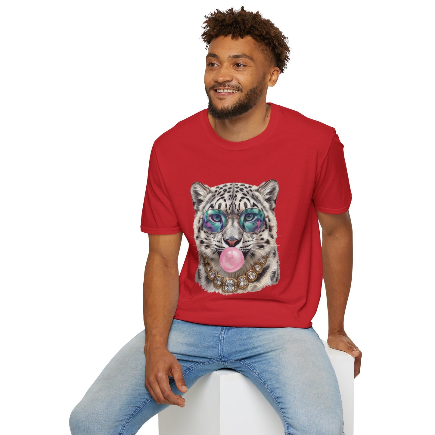 Snow Leopard Sunglasses T-Shirt — Cool Cat Bubblegum Graphic Tee