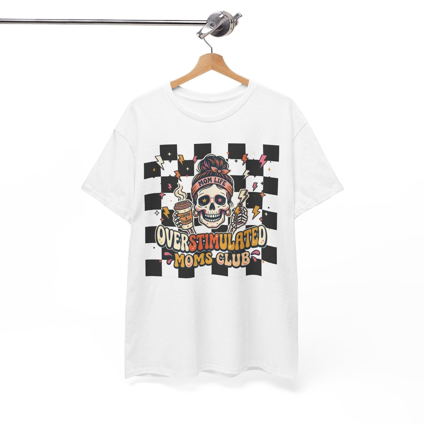 Overstimulated Moms Club T-Shirt — Checker Skull Mom Graphic Tee